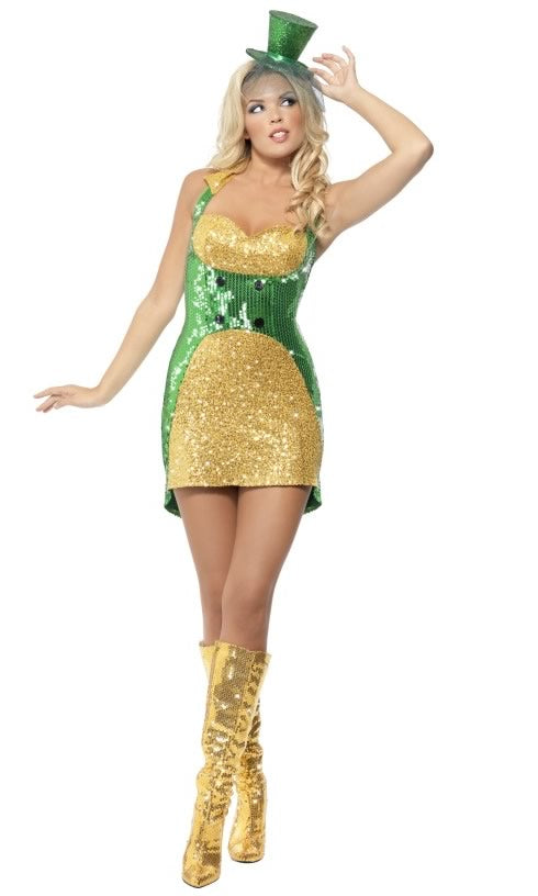 Sequin gold and green halter neck dress with mini top hat