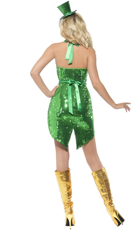 Back of sequin gold and green halter neck dress with mini top hat