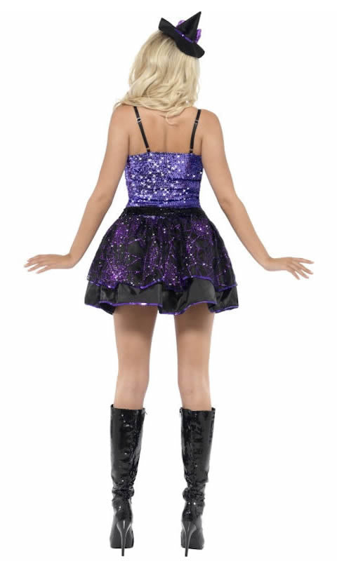 Back of short purple and black spider web witch dress with hat
