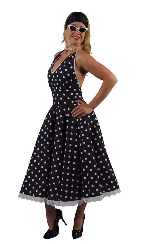 Long 1950s black dress with white spots and petticoat