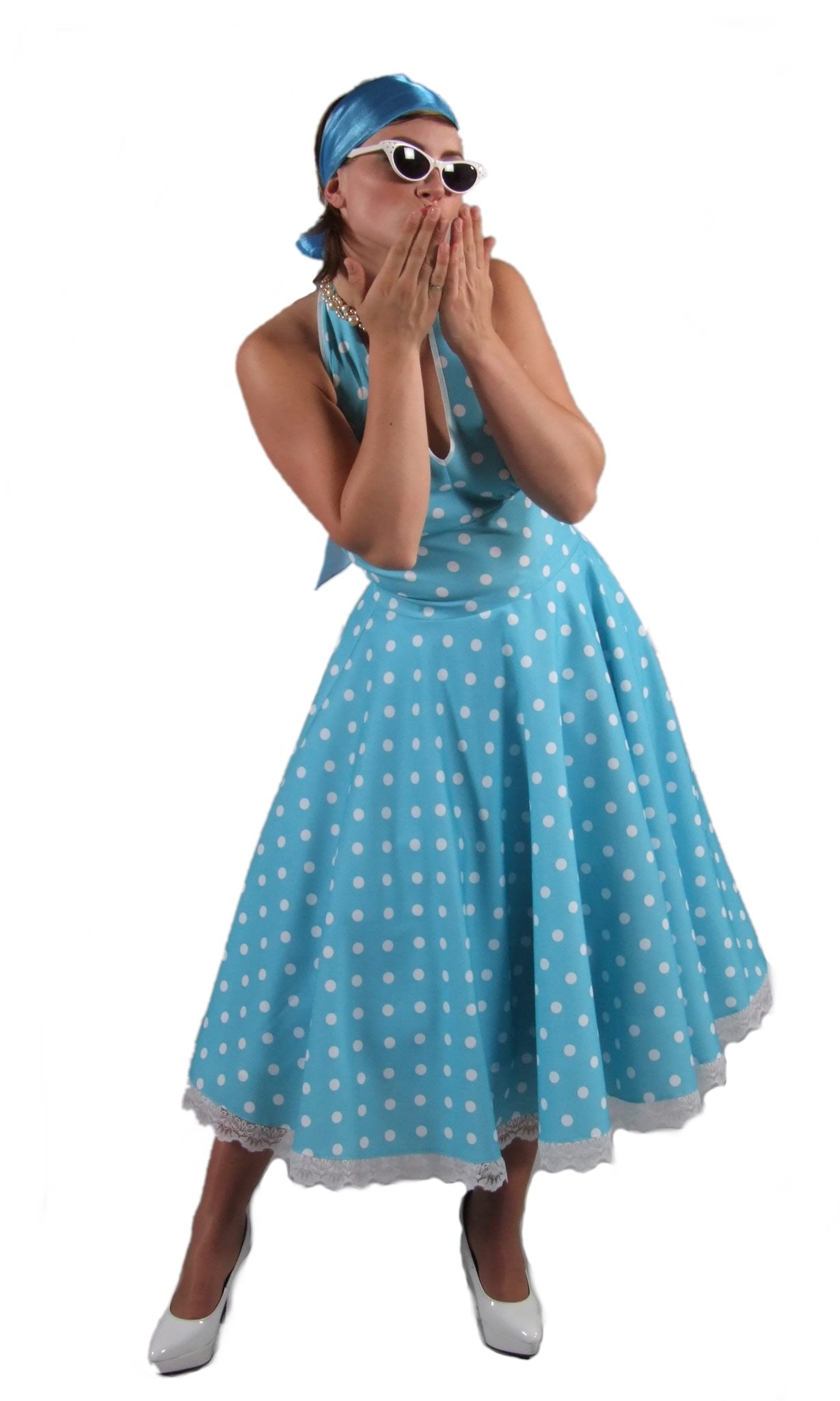 1950s blue dress with white dots and petticoat