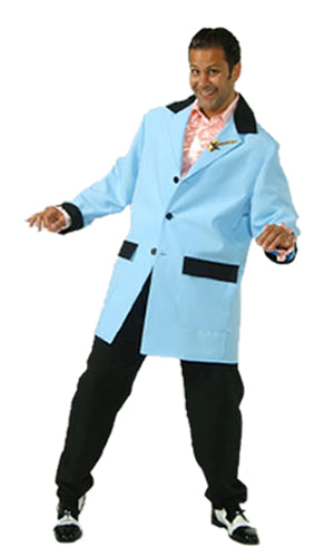 1950s teddy boy blue jacket with black trim and black pants