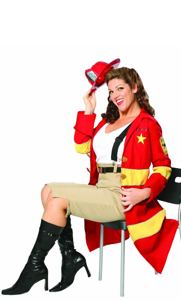Red & yellow firewoman's outfit with red hat and braces, seated