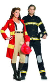 Red & yellow firewoman's outfit with red hat, next to fireman