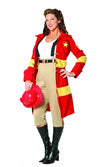 Red & yellow firewoman's outfit with red hat and braces