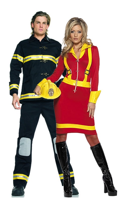 Red firefighter dress with yellow stripes next to fireman