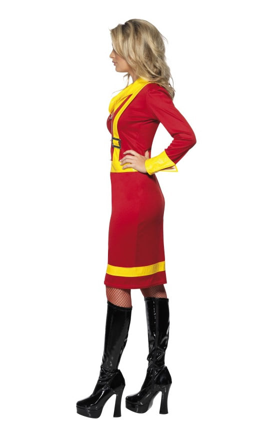Side of red firefighter dress with yellow stripes