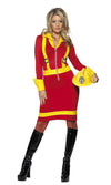 Red firefighter dress with yellow stripes and hat