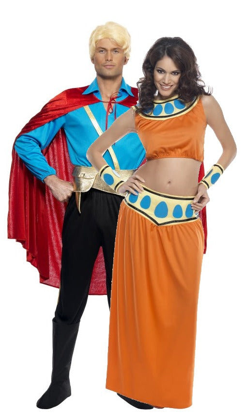 Orange top and skirt Dale costume from Flash Gordon, with wrist cuffs, next to Flash
