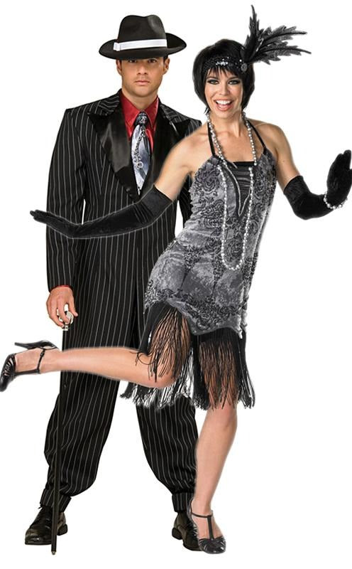 Grey flapper dress with black tassels, gloves and headpiece, next to gangster