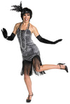 Grey flapper dress with black tassels, gloves and headpiece