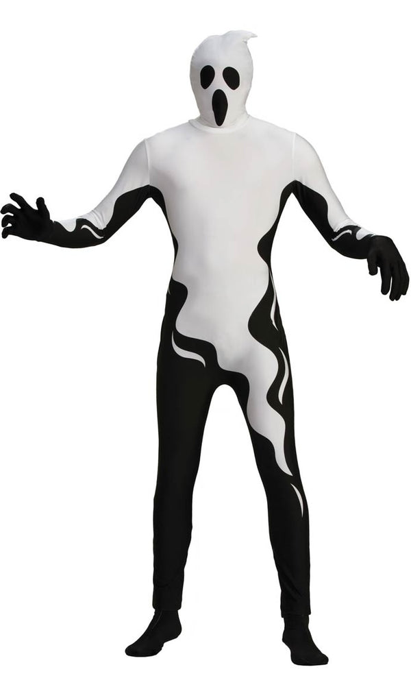 Floating ghost costume jumpsuit with see through mask, gloves and attached socks