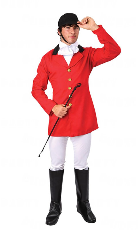 Fox hunter costume with red jacket, white trousers, boot tops, hat and collar with cravat