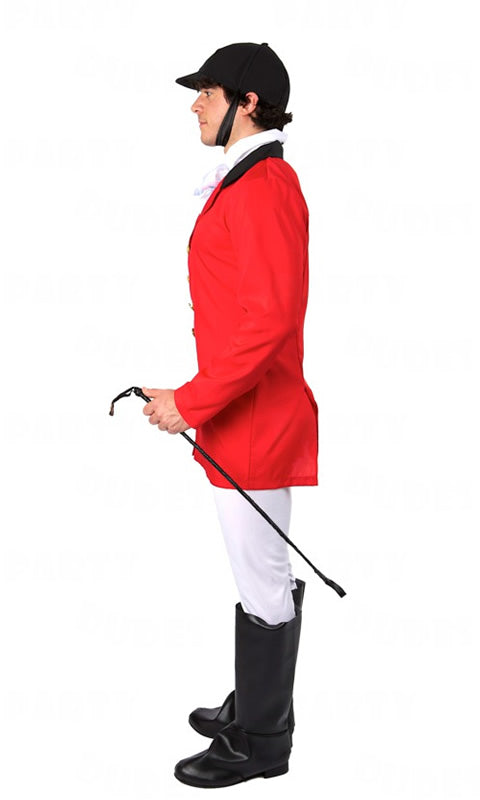 Side of fox hunter costume with red jacket, white trousers, boot tops and hat
