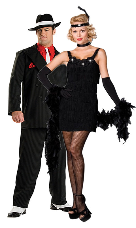 Short black flapper dress with boa, headband and gloves next to gangster