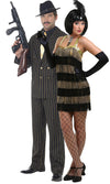 Black and gold flapper dress with feather headband next to gangster