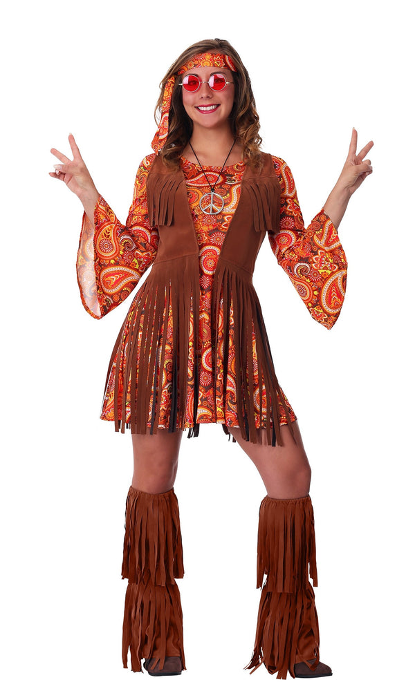 Orange and brown hippy dress with tassels, headband and boot covers