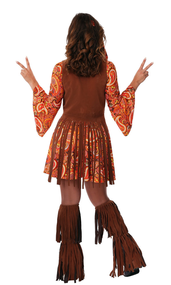 Back view of orange and brown hippy dress with tassels, headband and boot covers