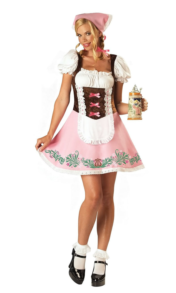 Pink and white Oktoberfest dress with matching headpiece