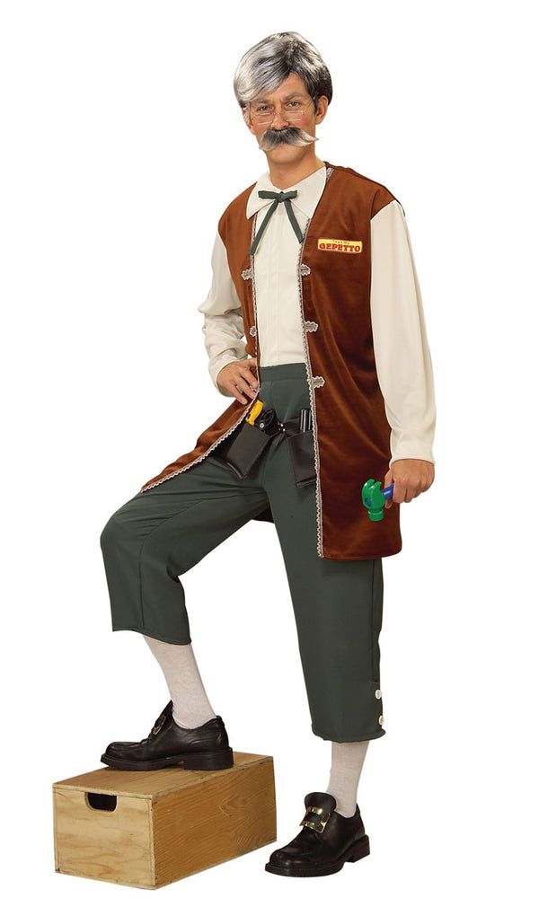 Brown Geppetto costume with green pants and tool set