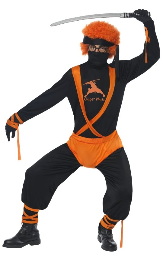 Ginger ninja super hero costume with orange wig, mask, gloves and headband