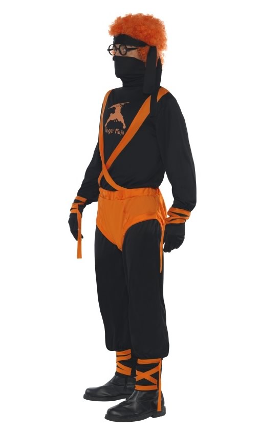 Side of ginger ninja super hero costume with orange wig, mask, gloves and headband
