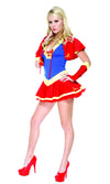 Red and blue short super hero dress with gauntlets and short cape