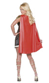 Back of short brown Gladiator dress with red cape
