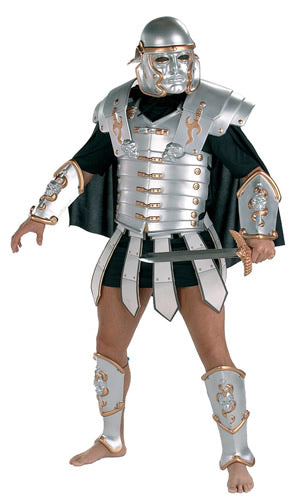 Gladiator with pvc armour, mask, shin and wrist guards