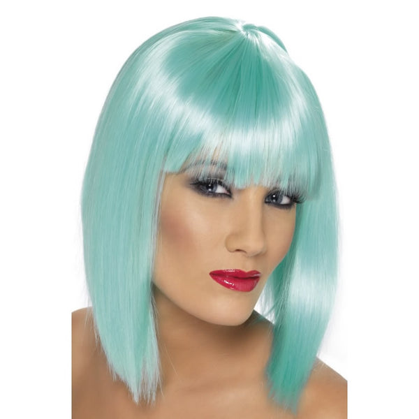 Short and blunt neon aqua 80s wig