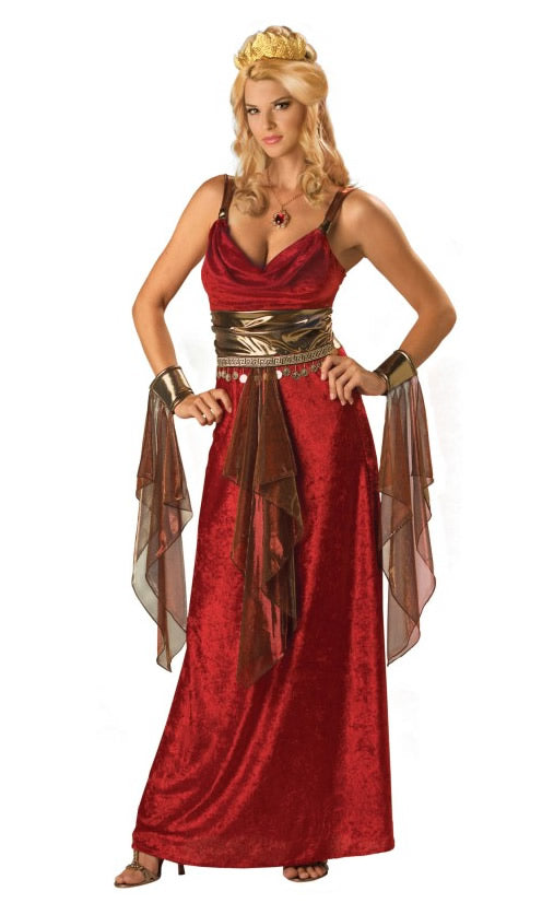 Long red Roman dress with wrist cuffs, drapes and headpiece
