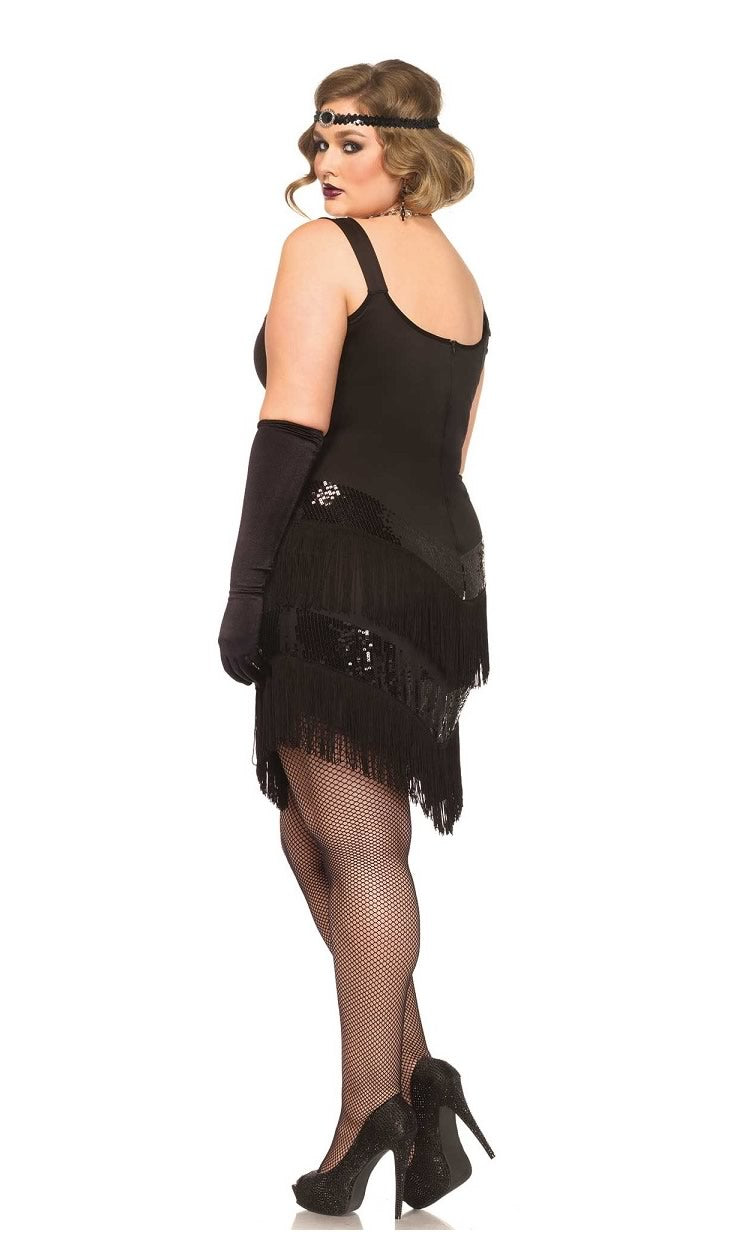 Back of plus size short black flapper dress with silver trim and headband