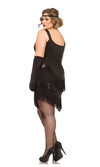 Back of plus size short black flapper dress with silver trim and headband
