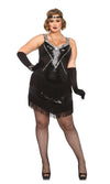 Plus size short black flapper dress with silver trim and headband