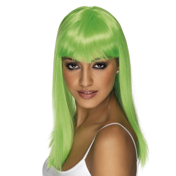 Long neon green wig with fringe