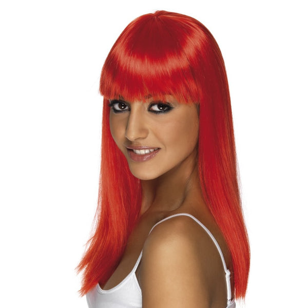 Long neon red wig with fringe