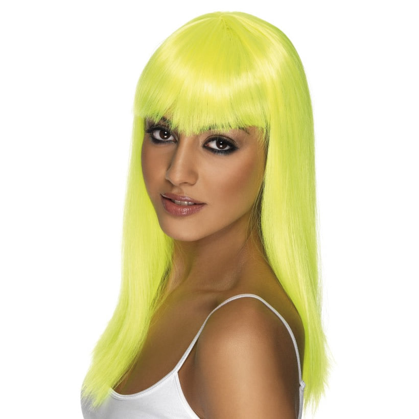 Long neon yellow wig with fringe