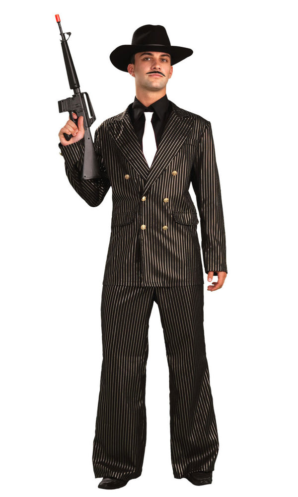 Black and gold gangster costume with shirt front and white tie and black hat