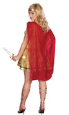 Back of plus size golden warrior dress with headband and red cape