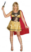 Plus size golden warrior dress with headband and red cape