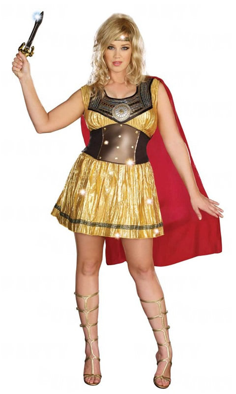 Plus size golden warrior dress with headband and red cape