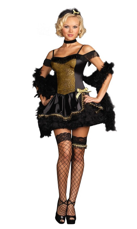 Burlesque black and gold short dress with boa, choker, headpiece and petticoat