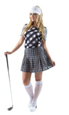 Woman's grey golf costume skirt and top with white visor