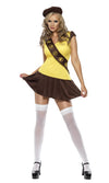 Alternate view of short brown and yellow girl guide dress with attached brown sash and brown hat