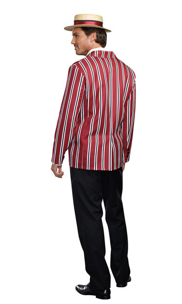 Back of 1920s men's red and white jacket, with hat, pants and bow tie