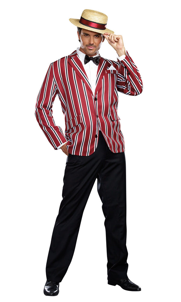 1920s men's red and white jacket, with hat, pants and bow tie