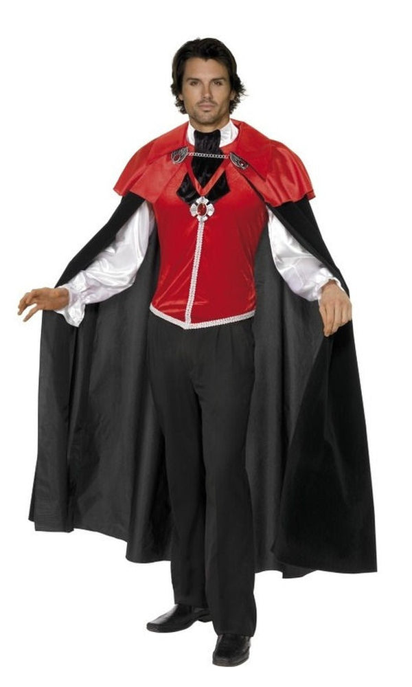 Vampire costume with red vest, cravat, medallion and cape
