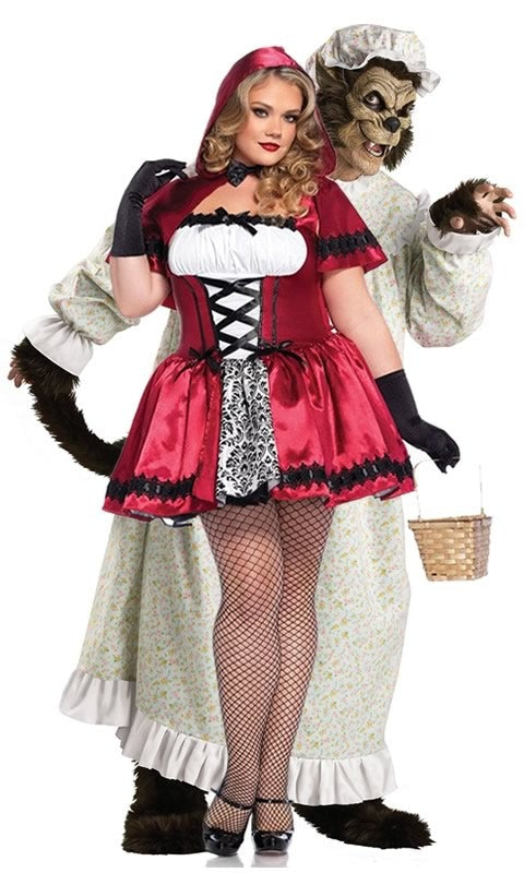 Plus size short Red Riding Hood costume next to wolf