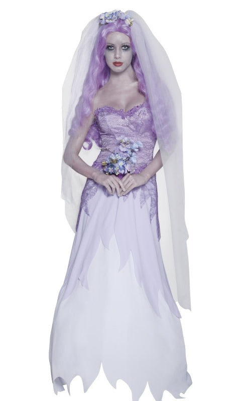 Long purple strapless Gothic ghost dress with veil