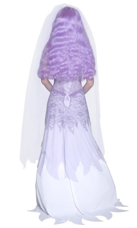 Back of long purple strapless Gothic ghost dress with veil